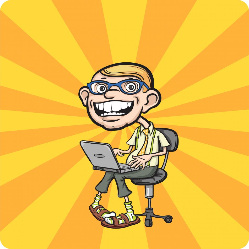 Happy geek sitting with laptop