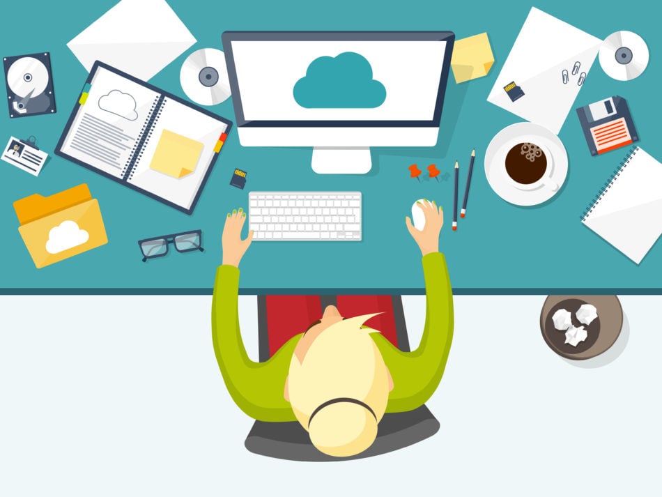 Messy desk and office worker